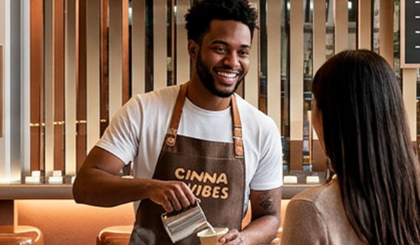 Cinnavibes A barista wearing a “Cinna Vibes” apron pours milk into a cup for a customer at the Cinnamon Desserts Café counter, where the aroma of fresh cinnamon rolls fills the air. Cinnamon Rolls