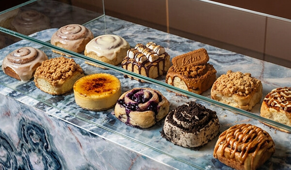 Cinnavibes A display case with assorted pastries, including signature Cinnamon Rolls from Cinnavibes, crumb cakes, and decorated sweet rolls, arranged in two rows on a marbled counter at Cinnamon Desserts Café. Cinnamon Rolls