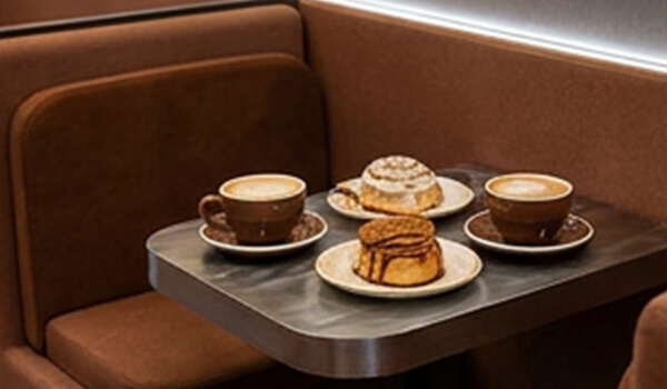 Cinnavibes Two cappuccinos and three assorted pastries, including a signature cinnamon roll from Cinnamon Deserts Café, sit on a small table in a brown booth at Cinnavibes. Cinnamon Rolls