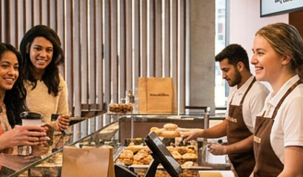 Cinnavibes Two customers stand at the Cinnamon Deserts Café bakery counter, eyeing an array of pastries—including the renowned Cinnavibes cinnamon rolls—whilst interacting with two staff members dressed in smart uniforms and aprons. Cinnamon Rolls