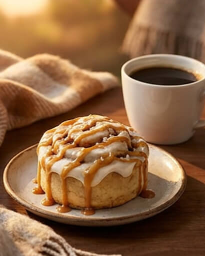 Cinnavibes A classic cinnamon roll with icing and caramel sauce sits on a plate next to a cup of black coffee on a wooden table, bringing cosy Cinnavibes to life with a warm blanket in the background. Cinnamon Rolls