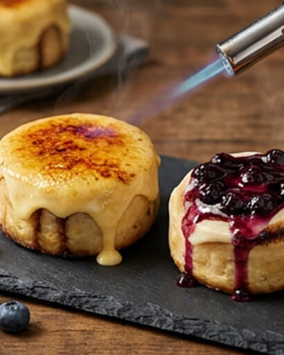 Cinnavibes Two thick pancakes are topped with sauce; one is being caramelised with a torch for that signature Cinnavibes experience, while the other is covered with blueberry topping—just as you’d find at Cinnamon Deserts Café. Both are served on a dark slate plate. Cinnamon Rolls
