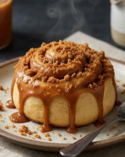 Cinnavibes A cinnamon roll from Cinnamon Deserts Café, topped with caramel sauce and brown sugar crumbs, sits on a plate with a spoon beside it. Steam rises from the roll, signalling those irresistible Cinnavibes and that it is freshly baked. Cinnamon Rolls