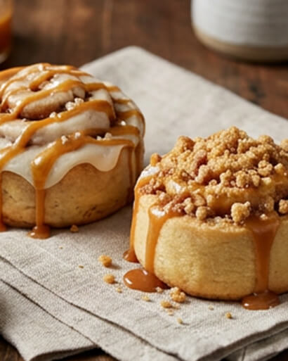 Cinnavibes Two cinnamon rolls from Cinnavibes rest on a beige cloth—one topped with white icing and caramel drizzle, the other with crumb topping and caramel sauce—offering a delightful taste of Cinnamon Deserts Café. Cinnamon Rolls