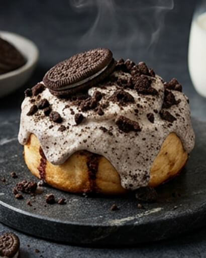 Cinnavibes A decadent cinnamon roll from Cinnamon Deserts Café, topped with cookies and cream icing, Oreo biscuit crumbles, and a whole Oreo, is served on a dark slate plate. Steam rises from the roll, capturing those irresistible Cinnavibes and signalling it is freshly baked. Cinnamon Rolls