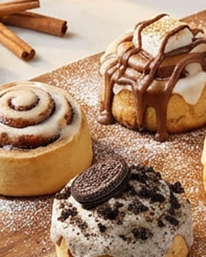 Cinnavibes Three cinnamon rolls on a wooden board, each topped with different icing and toppings, showcase the irresistible flavours of Cinnamon Rolls from Cinnavibes. Cinnamon sticks are in the background, enhancing the warm and inviting atmosphere reminiscent of Cinnamon Deserts Café. Cinnamon Rolls