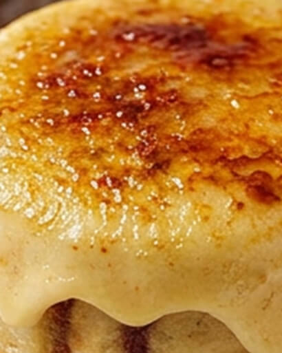 Cinnavibes Close-up of a dessert with a caramelised, golden-brown surface and creamy texture, possibly a crème brûlée or similar custard-based dish from Cinnamon Deserts Café. Cinnamon Rolls