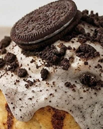 Cinnavibes A close-up of a Cinnamon Rolls speciality from Cinnamon Desserts Café, topped with cookies and cream frosting, chocolate biscuit crumbles, and a whole chocolate sandwich biscuit—truly capturing those irresistible Cinnavibes. Cinnamon Rolls