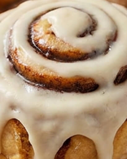 Cinnavibes Close-up of a cinnamon bun from Cinnamon Deserts Café topped with creamy white icing, showing the swirl pattern and dripping icing—capturing those irresistible Cinnavibes. Cinnamon Rolls