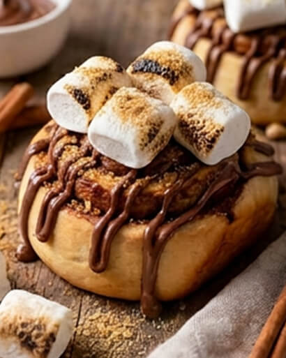 Cinnavibes Savour the sweet delight of a Cinnamon Rolls creation from Cinnamon Desserts Café—a cinnamon roll topped with toasted marshmallows and chocolate drizzle, placed on a wooden surface with cinnamon sticks nearby. Experience the unmistakable Cinnavibes in every bite. Cinnamon Rolls