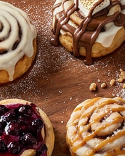 Cinnavibes Four cinnamon rolls from Cinnamon Desserts Café rest on a wooden surface, each topped with different glazes: icing, chocolate with marshmallow, berry compote, and caramel. A light dusting of icing sugar adds the perfect finishing touch, capturing the irresistible Cinnavibes in every bite. Cinnamon Rolls