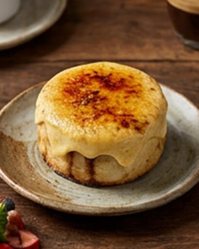 Cinnavibes A round, golden-brown dessert with a caramelised top sits on a ceramic plate on a wooden table, evoking the signature warmth and aroma found at Cinnamon Deserts Café. Cinnamon Rolls