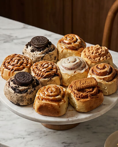 Cinnavibes At Cinnamon Deserts Café, a marble cake stand displays nine assorted cinnamon rolls with various toppings, including biscuits, caramel drizzle, and crumble, creating the perfect Cinnavibes on a sleek marble worktop. Cinnamon Rolls