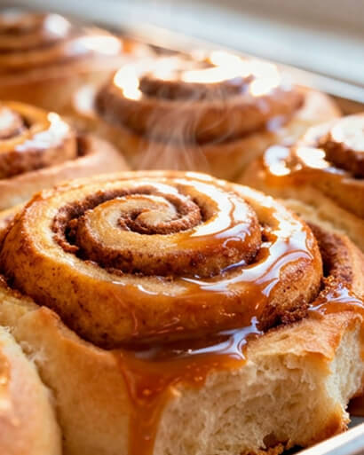 Cinnavibes Freshly baked Cinnamon Rolls topped with caramel glaze, with steam rising from the rolls, in a baking tray—experience the irresistible aroma and flavour only at Cinnamon Deserts Café, where every bite is pure Cinnavibes. Cinnamon Rolls