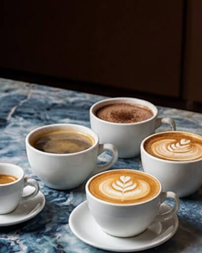Cinnavibes Five cups of coffee, each with different styles and latte art, are arranged on a marble table at Cinnamon Deserts Café, where the aroma of fresh cinnamon rolls blends perfectly with the cosy Cinnavibes. Cinnamon Rolls