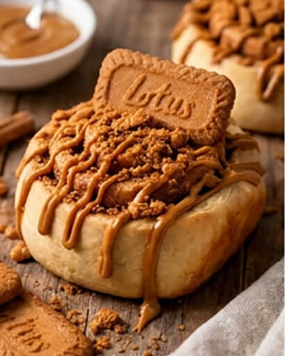 Cinnavibes A Cinnamon Rolls delight from Cinnavibes, this cinnamon roll is topped with cookie butter drizzle, crumbled Lotus Biscoff biscuits, and a whole Lotus Biscoff biscuit on a wooden surface—perfect for any visit to the Cinnamon Deserts Café. Cinnamon Rolls