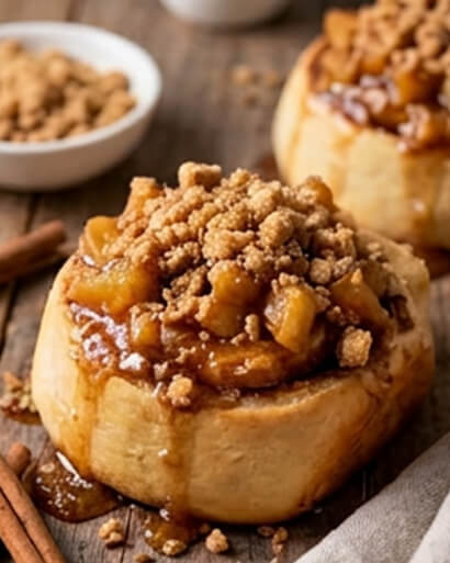 Cinnavibes A signature cinnamon roll from Cinnamon Deserts Café, topped with diced caramelised apples and crumbly streusel, sits on a wooden surface, surrounded by cinnamon sticks and a small bowl of brown sugar in the background—pure Cinnavibes in every bite. Cinnamon Rolls