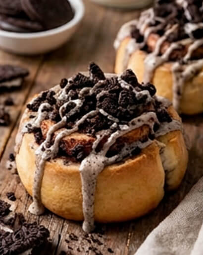 Cinnavibes Cinnavibes come to life with this irresistible cinnamon roll, topped with crushed biscuits and white icing, placed on a wooden surface with a bowl of biscuits in the background—an iconic treat from Cinnamon Deserts Café. Cinnamon Rolls