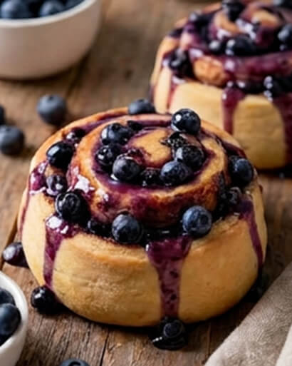 Cinnavibes A close-up of two Cinnamon Rolls topped with fresh blueberries and purple blueberry glaze on a wooden surface, capturing the signature sweetness and cosy ambience of Cinnamon Deserts Café. Cinnamon Rolls