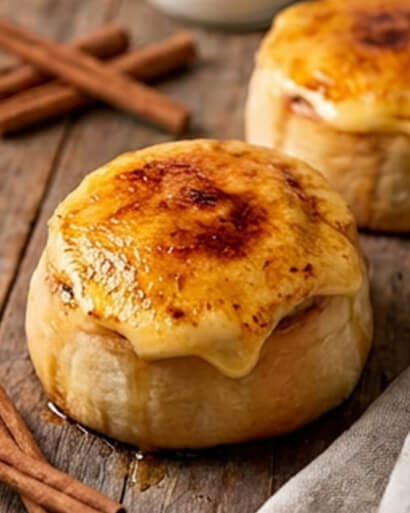 Cinnavibes A close-up of two Cinnavibes cinnamon rolls topped with caramelised, golden-brown crème brûlée, resting on a wooden surface beside cinnamon sticks. Cinnamon Rolls