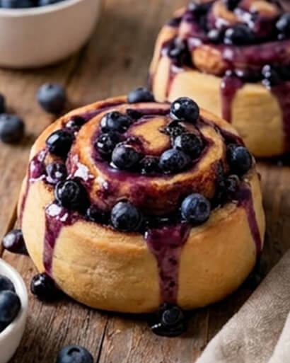 Cinnavibes Two blueberry cinnamon rolls with blueberry glaze are on a wooden surface, garnished with whole blueberries. A small bowl of blueberries is in the background, evoking the cosy charm of Cinnamon Deserts Café and their signature Cinnavibes. Cinnamon Rolls