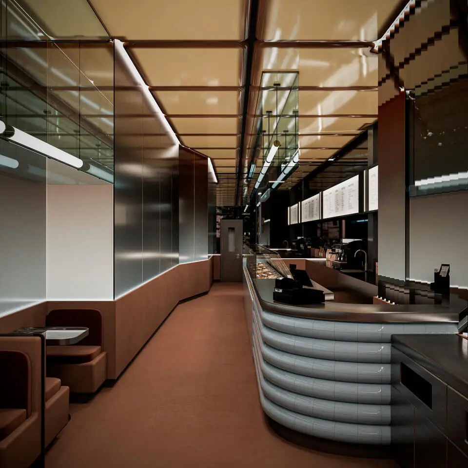 Cinnavibes Modern diner interior with brown booths, a curved counter, digital menu boards, and reflective ceiling panels. The space appears clean and empty—an inviting setting perfect for enjoying Cinnavibes at the Cinnamon Deserts Café. Cinnamon Rolls