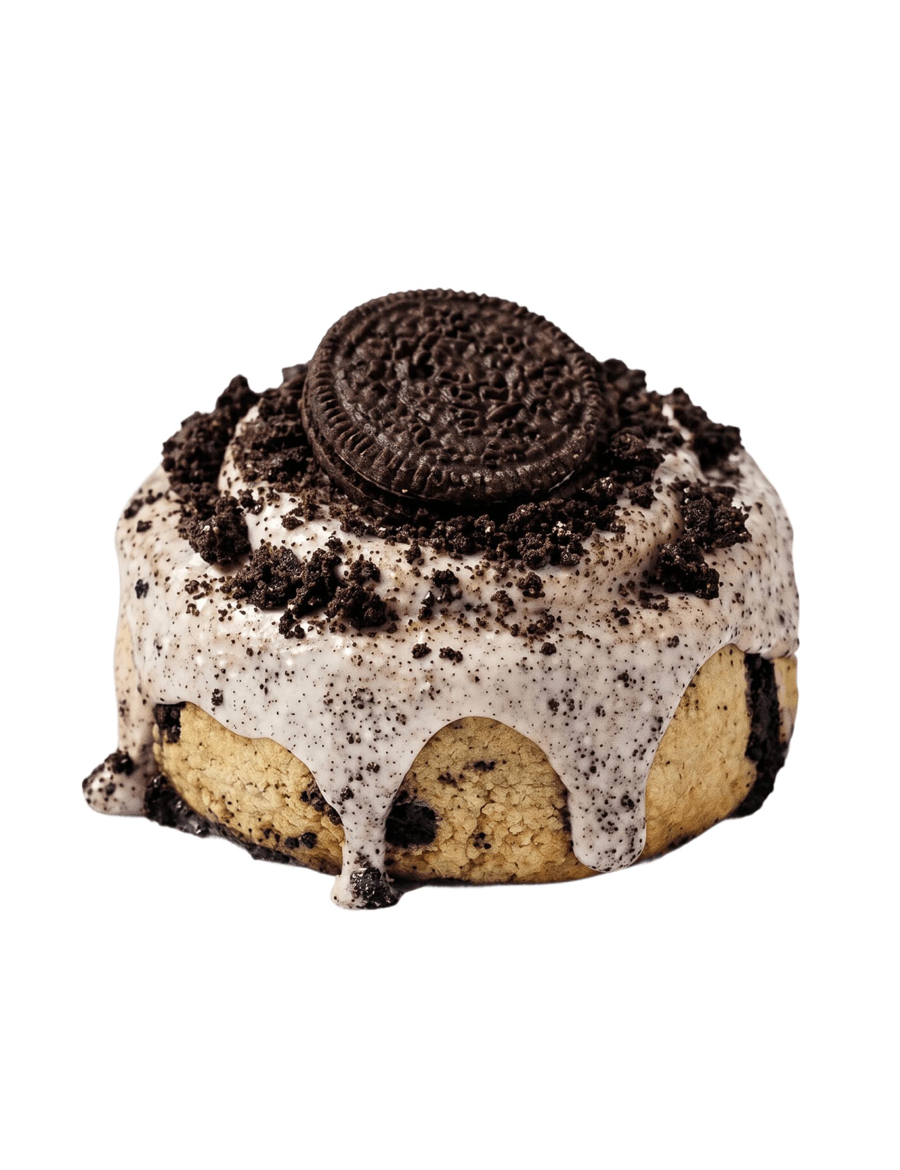 Cinnavibes A biscuit and cream cinnamon roll from Cinnamon Desserts Café, topped with white icing, crushed chocolate biscuits, and a whole chocolate sandwich biscuit on a white background—perfect for those who crave sweet Cinnavibes. Cinnamon Rolls