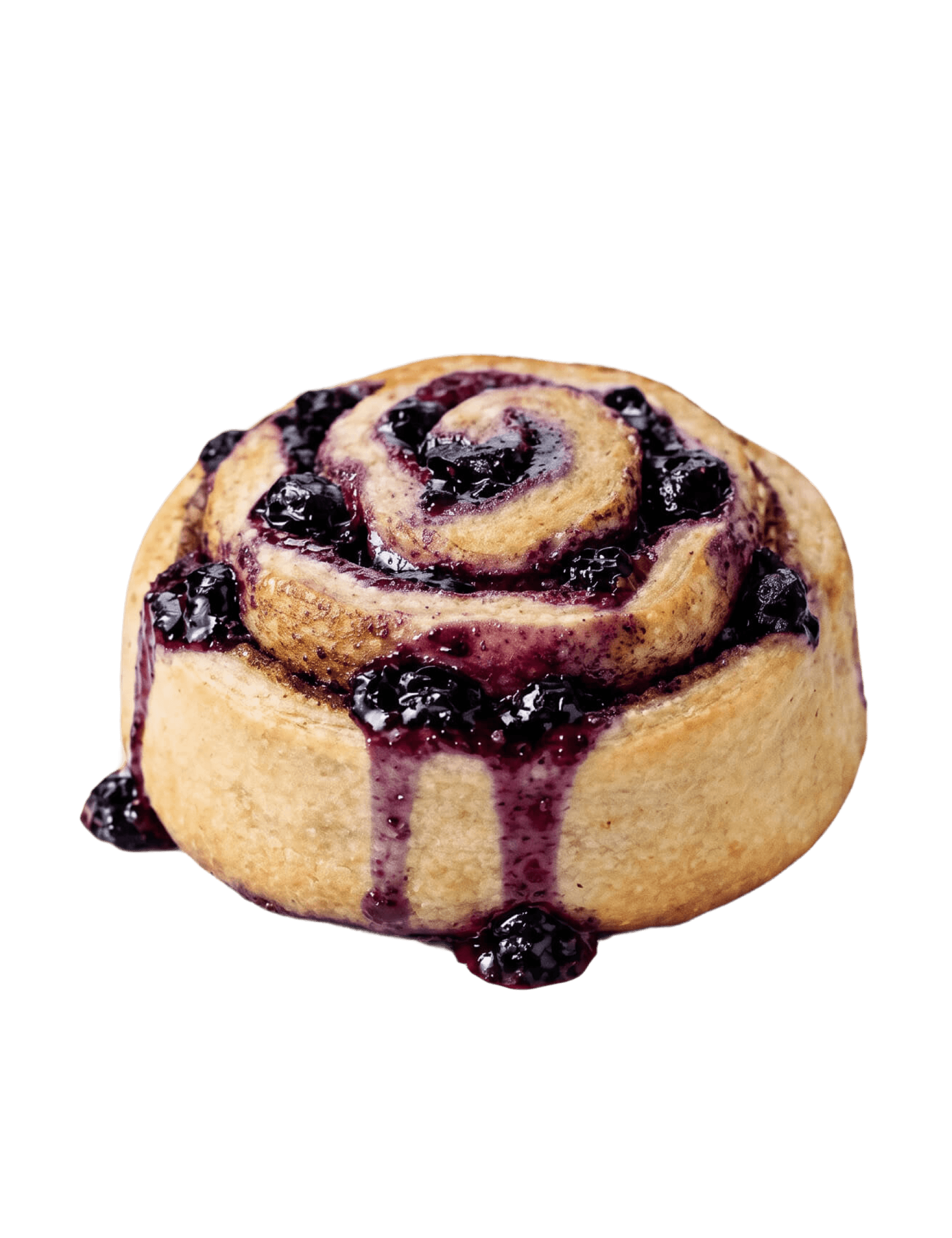 Cinnavibes A cinnamon roll from Cinnamon Deserts Café, topped with blueberry sauce and whole blueberries, placed on a white background. Cinnamon Rolls