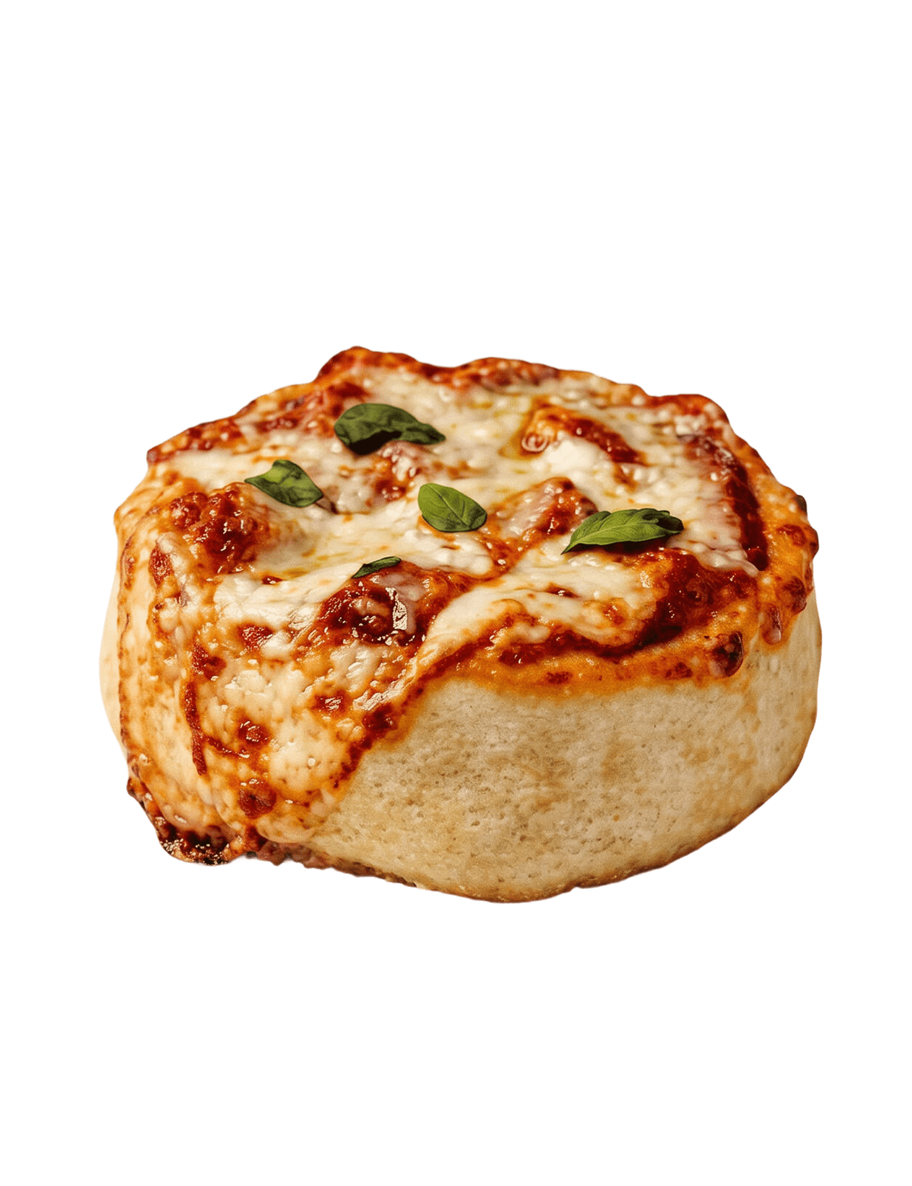 Cinnavibes A baked round bap topped with melted cheese, tomato sauce, and a few basil leaves on a plain white background—an unexpected savoury twist amidst the sweet temptations of Cinnamon Rolls at Cinnamon Deserts Café. Cinnamon Rolls