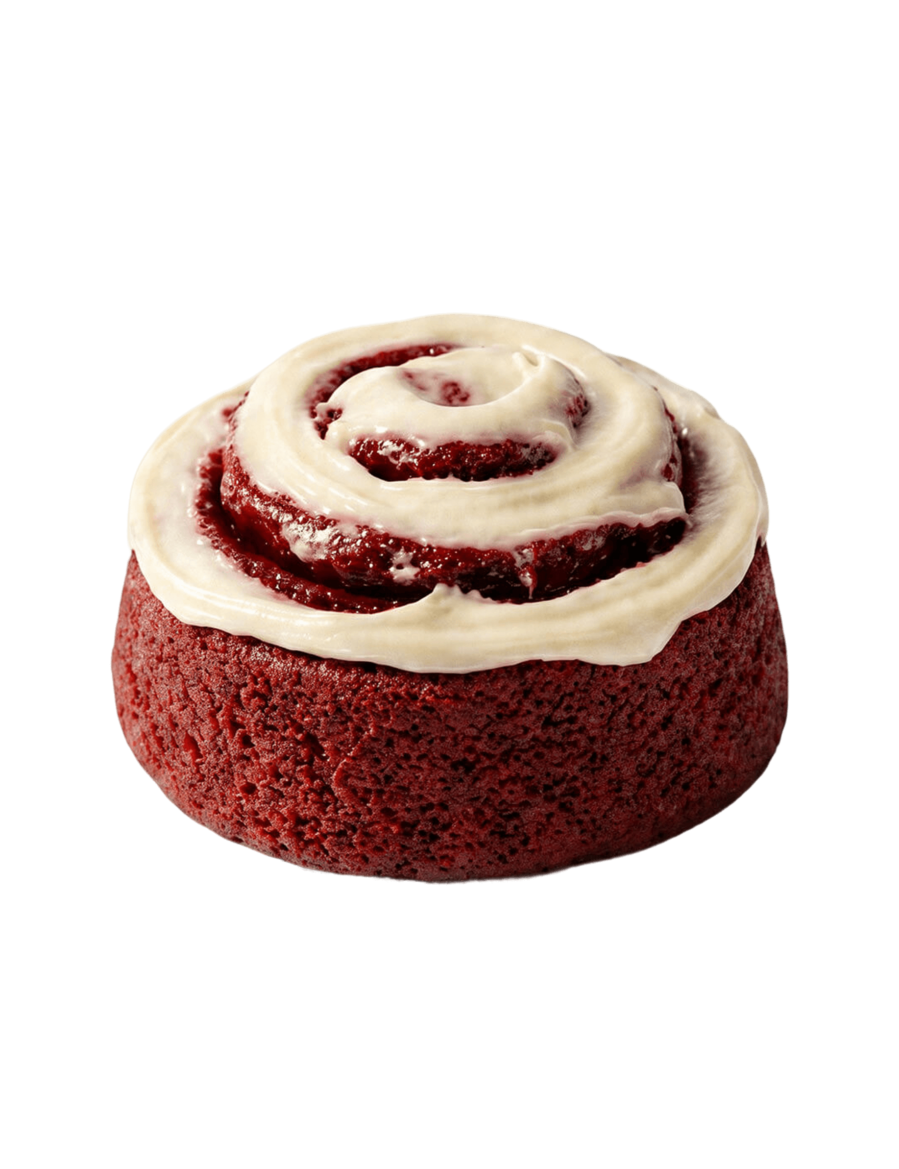 Cinnavibes A red velvet cinnamon roll from Cinnavibes, topped with a swirl of white cream cheese icing, is beautifully displayed on a plain white background. Cinnamon Rolls