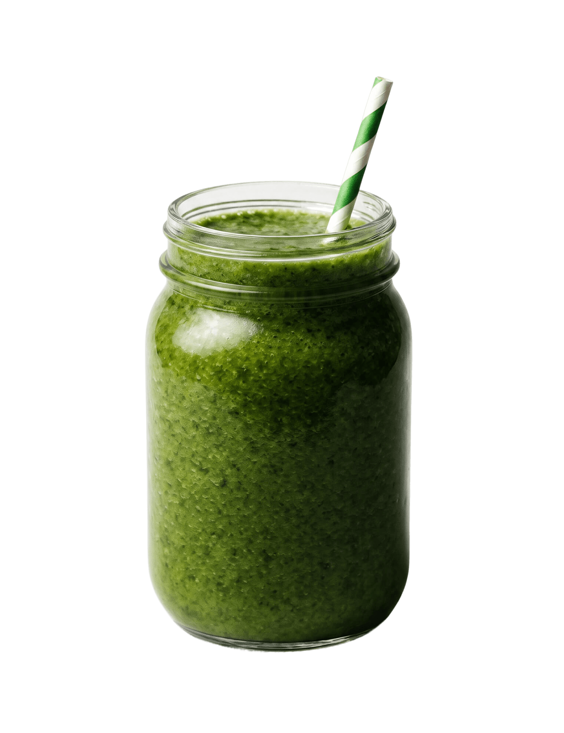 Cinnavibes A Kilner jar filled with green smoothie, topped with a green and white striped paper straw, sits against a plain white background—a refreshing choice from Cinnavibes at Cinnamon Deserts Café. Cinnamon Rolls