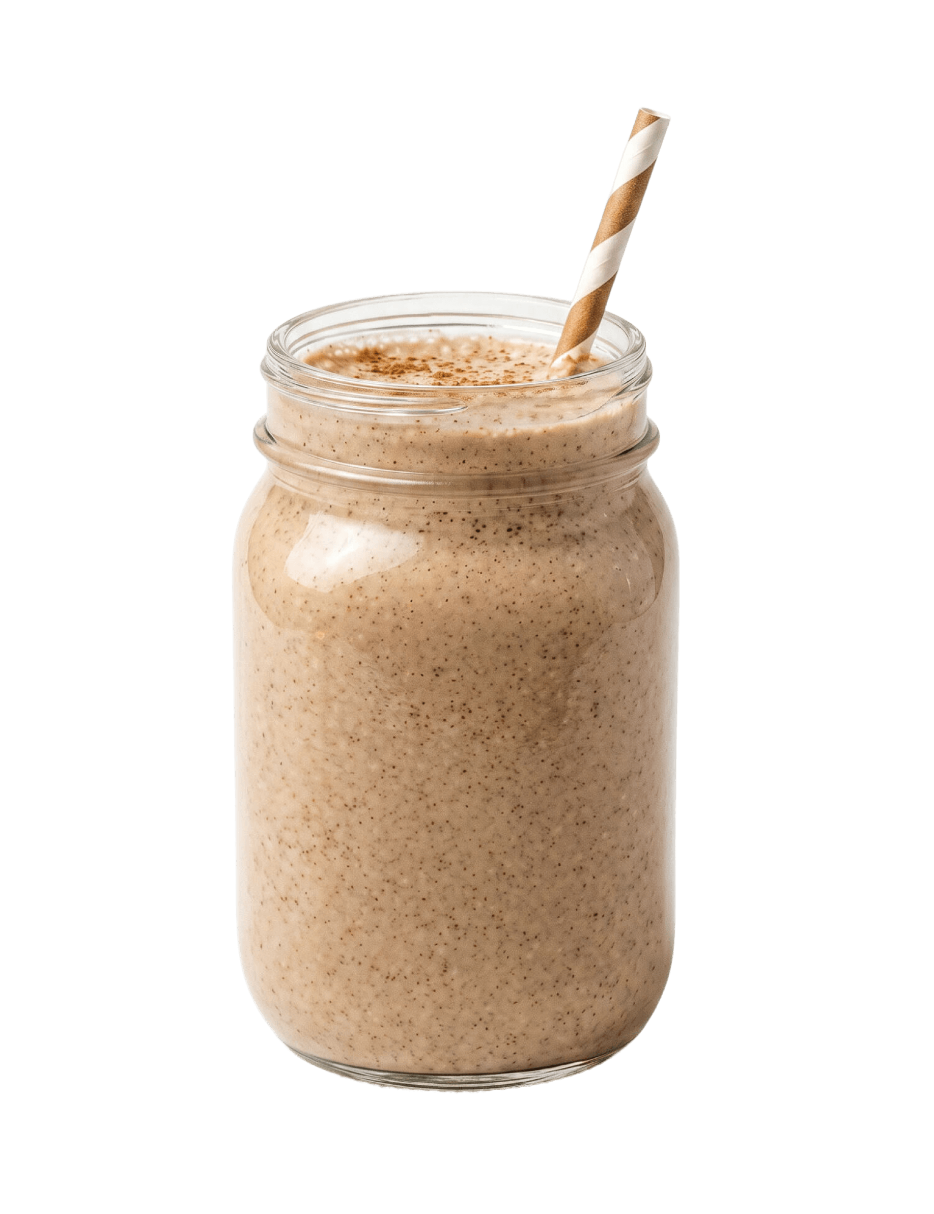 Cinnavibes A glass Kilner jar filled with a creamy, speckled smoothie and a striped paper straw, set against a plain white background—a refreshing treat inspired by the signature flavours of Cinnavibes at the Cinnamon Deserts Café. Cinnamon Rolls