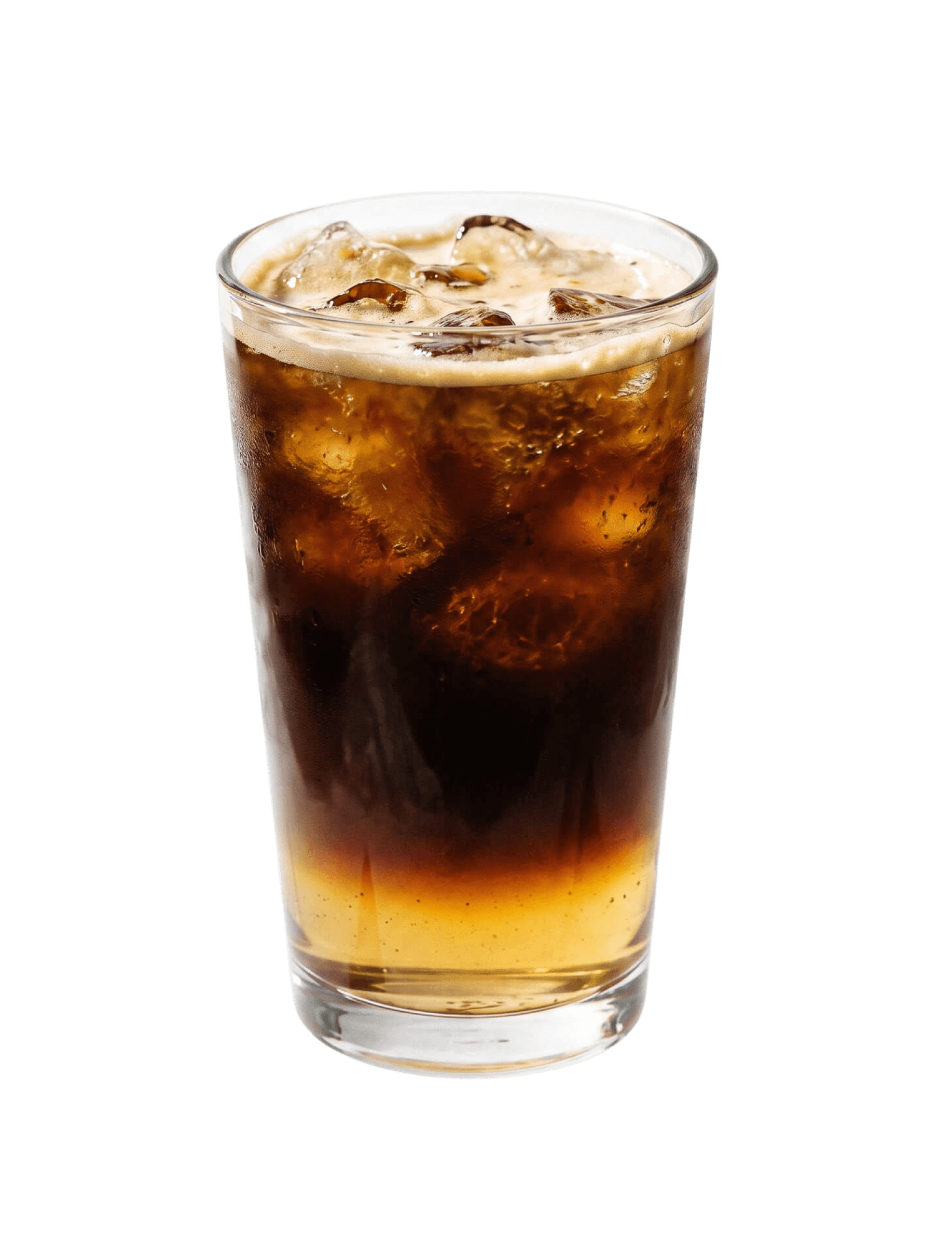 Cinnavibes A glass of iced coffee with visible ice cubes and a gradient of dark coffee over lighter liquid, set against a plain white background—an inviting refreshment that perfectly complements the sweet aroma of cinnamon rolls from Cinnamon Desserts Café. Cinnamon Rolls