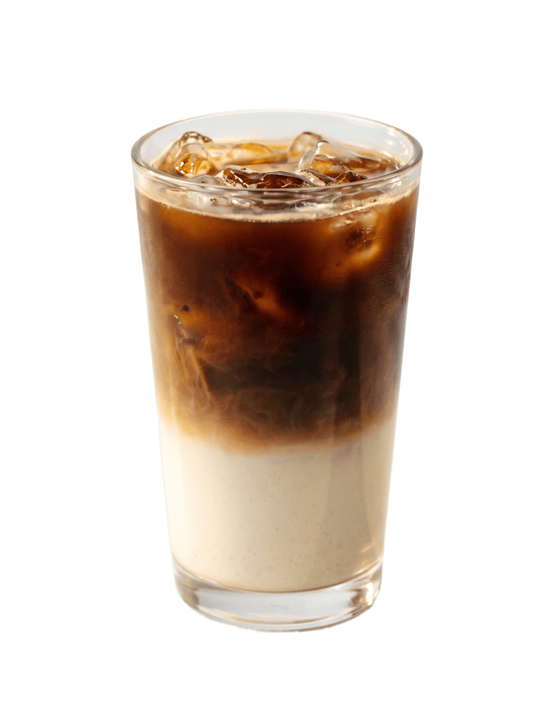 Cinnavibes A glass of iced coffee with milk from Cinnamon Deserts Café, showing distinct layers of milk on the bottom and coffee on top, filled with ice cubes—perfect to enjoy alongside their famous cinnamon rolls for those true Cinnavibes. Cinnamon Rolls
