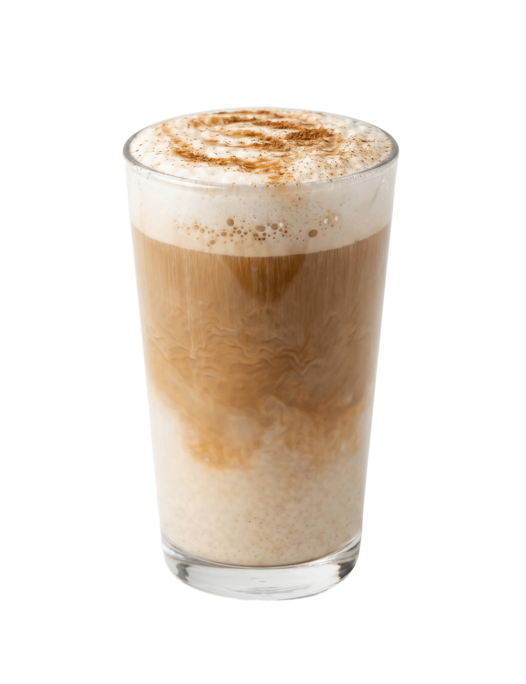 Cinnavibes A glass of iced latte with milk and espresso layers, topped with frothy foam and a sprinkle of cinnamon—a perfect treat to enjoy at Cinnamon Deserts Café, where the aroma of fresh Cinnamon Rolls fills the air and Cinnavibes are always in season. Cinnamon Rolls