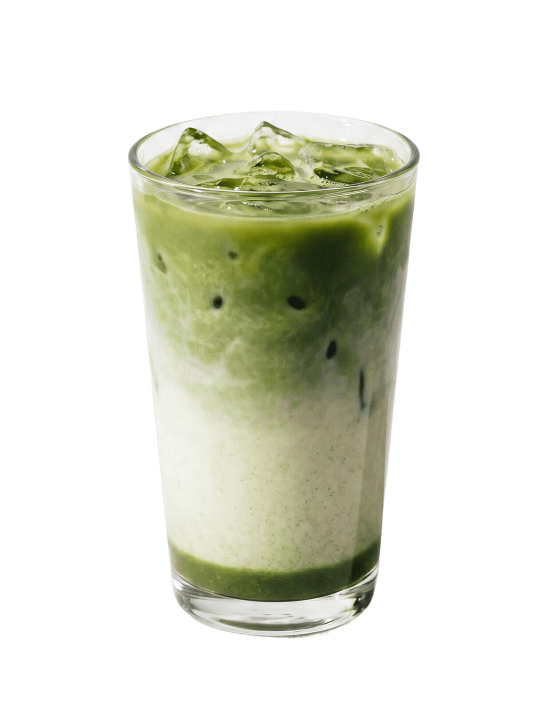 Cinnavibes A glass of iced matcha latte with a vibrant green matcha layer on top of white milk is served with ice cubes, set against a white background—the perfect refreshing treat to enjoy at Cinnavibes, your favourite Cinnamon Desserts Café. Cinnamon Rolls