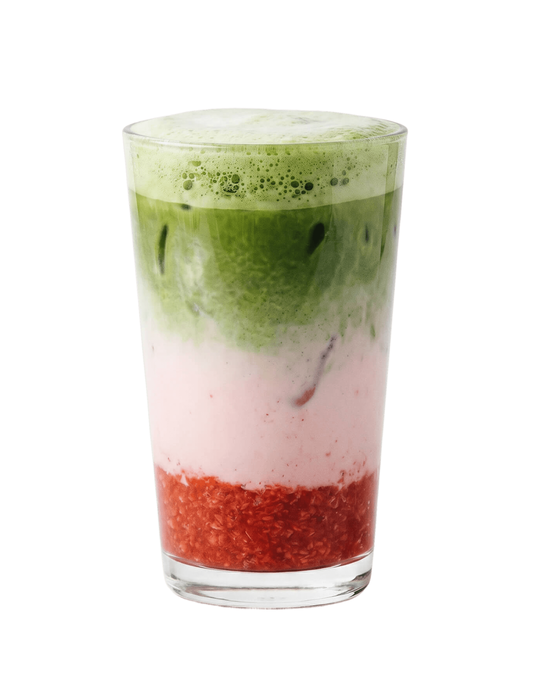Cinnavibes A glass filled with a three-layered drink: red fruit at the bottom, pink in the middle, and green frothy liquid on top, served over ice—a refreshing treat that perfectly complements the signature Cinnamon Rolls at Cinnamon Deserts Café. Cinnamon Rolls