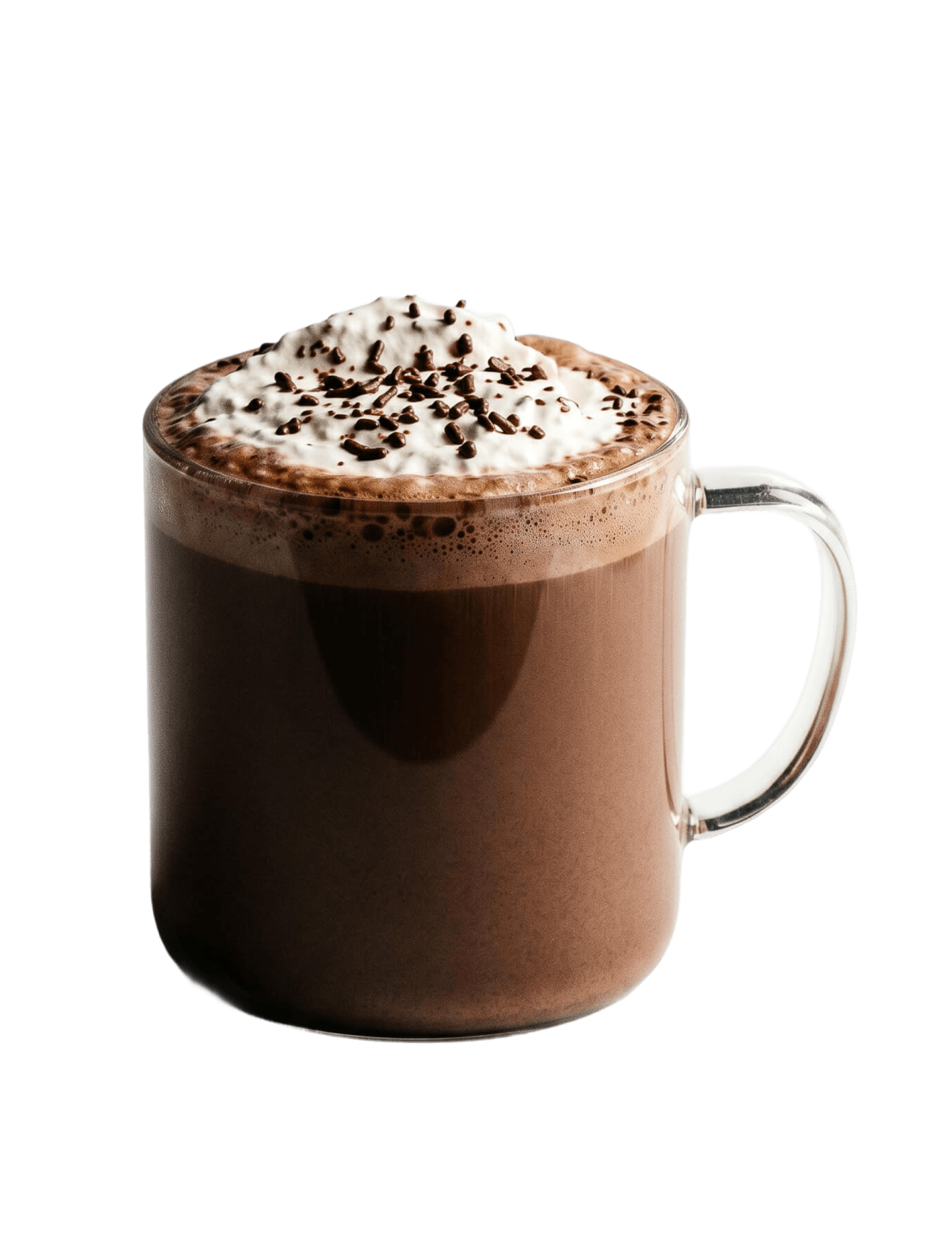 Cinnavibes A clear glass mug filled with hot chocolate from Cinnamon Deserts Café, topped with whipped cream and chocolate shavings, set against a plain white background. Cinnamon Rolls