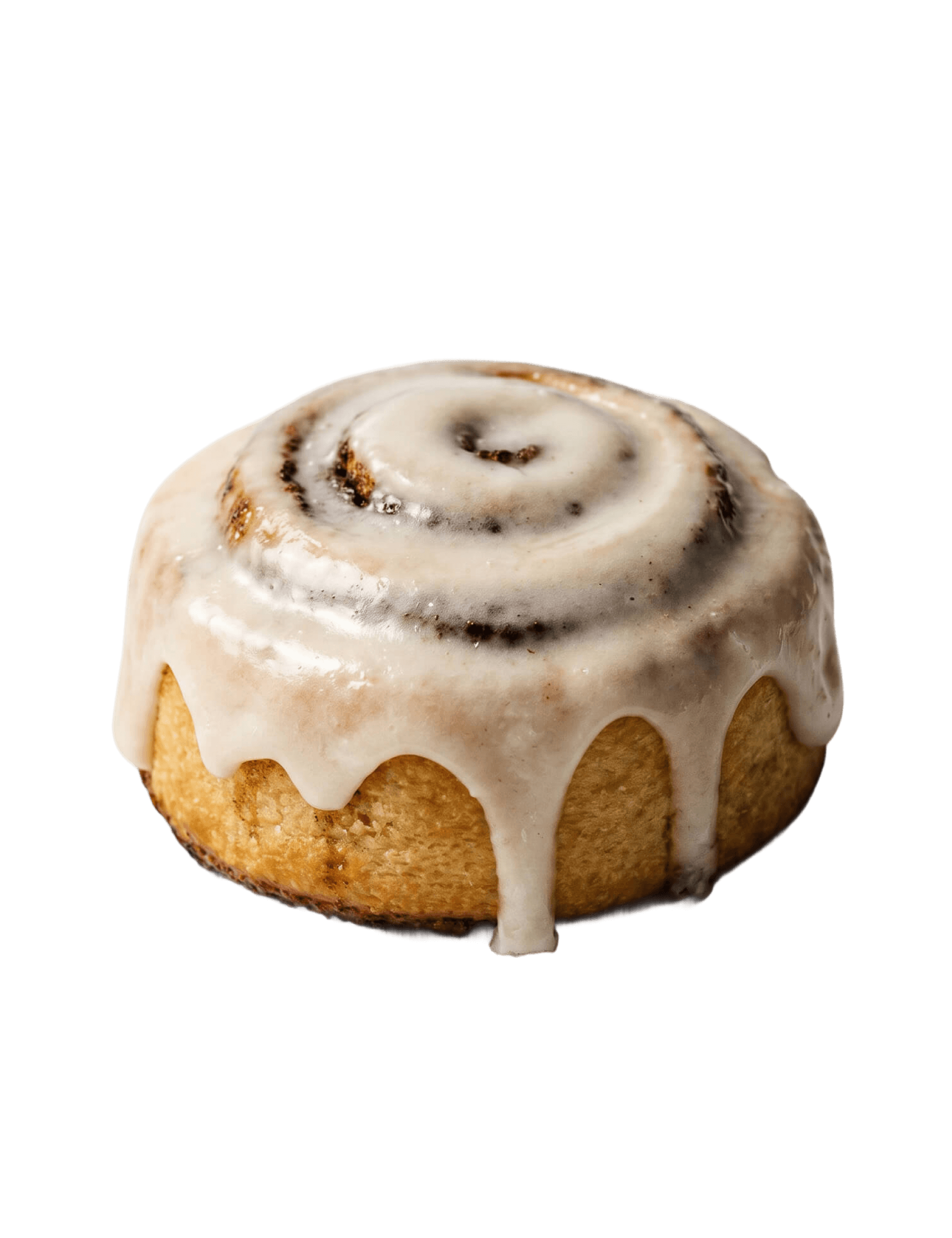 Cinnavibes A classic cinnamon roll from Cinnamon Deserts Café, topped with white icing, sits invitingly on a plain white background—perfect for indulging in those sweet Cinnavibes. Cinnamon Rolls