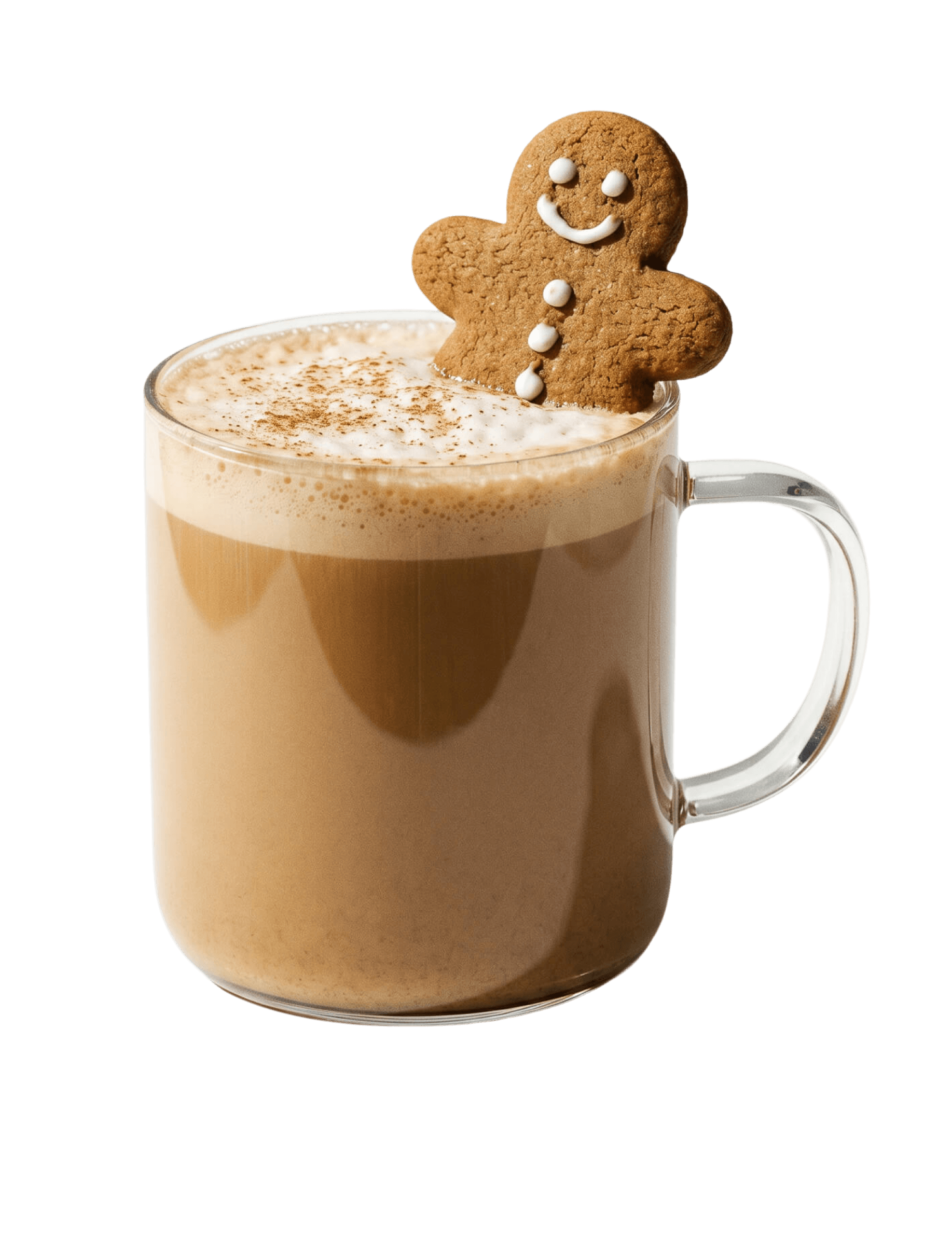 Cinnavibes Clear glass mug of frothy coffee topped with whipped cream, cinnamon, and a smiling gingerbread biscuit shaped like a person balanced on the rim—just one of the charming treats you might find at Cinnamon Deserts Café, where every sip captures those signature Cinnavibes. Cinnamon Rolls