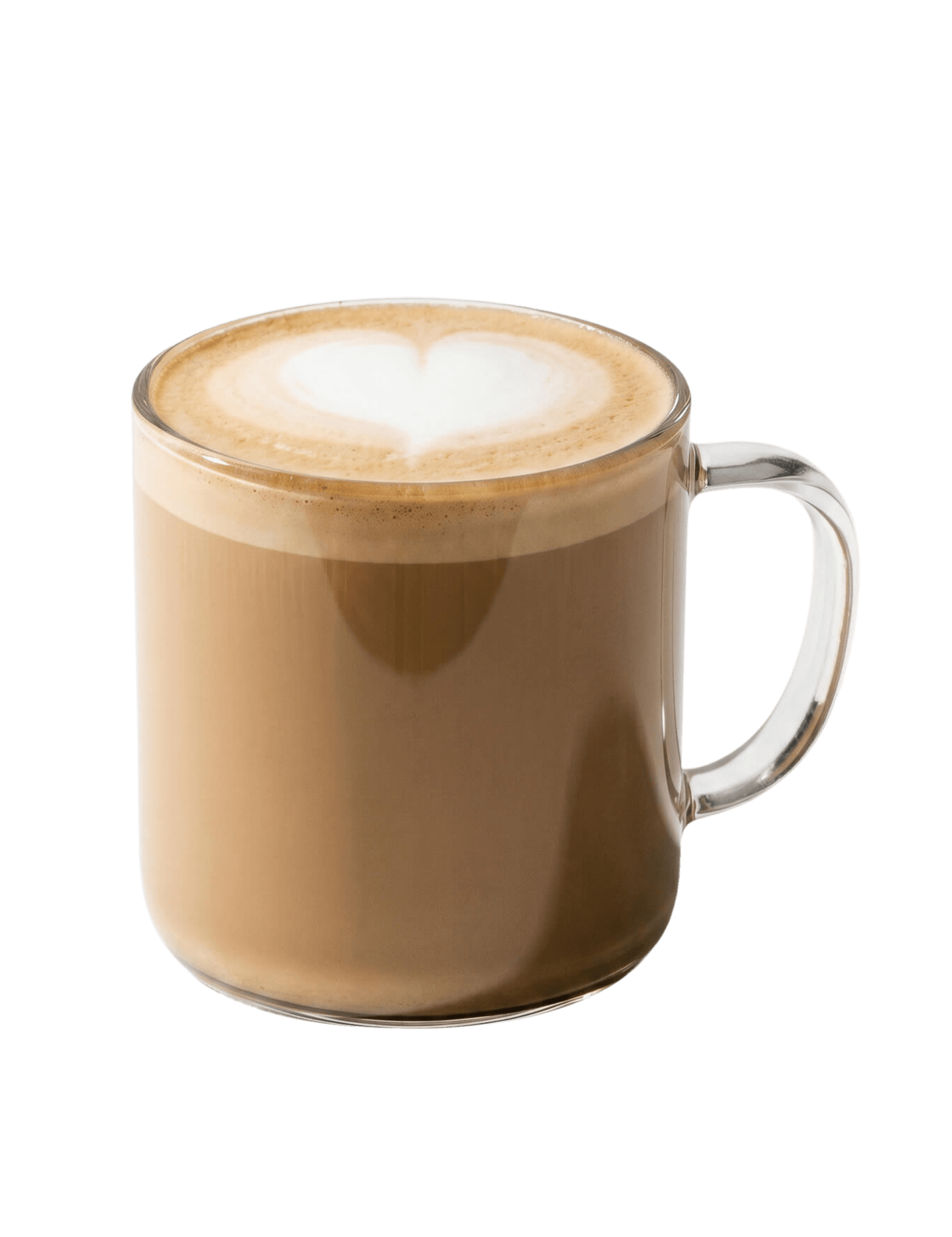 Cinnavibes A clear glass mug filled with a latte from Cinnamon Deserts Café, topped with a heart-shaped design in the froth, sits invitingly against a plain white background—perfect for pairing with fresh cinnamon rolls and basking in cosy Cinnavibes. Cinnamon Rolls