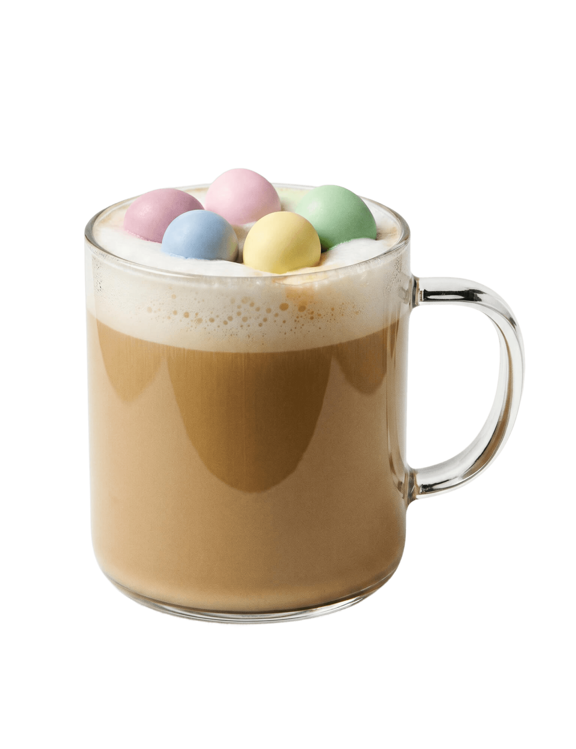 Cinnavibes Clear glass mug filled with frothy coffee, topped with white foam and pastel-coloured round sweets, set against a plain white background—the perfect treat to enjoy at Cinnamon Desserts Café, where every sip captures those cosy Cinnavibes. Cinnamon Rolls