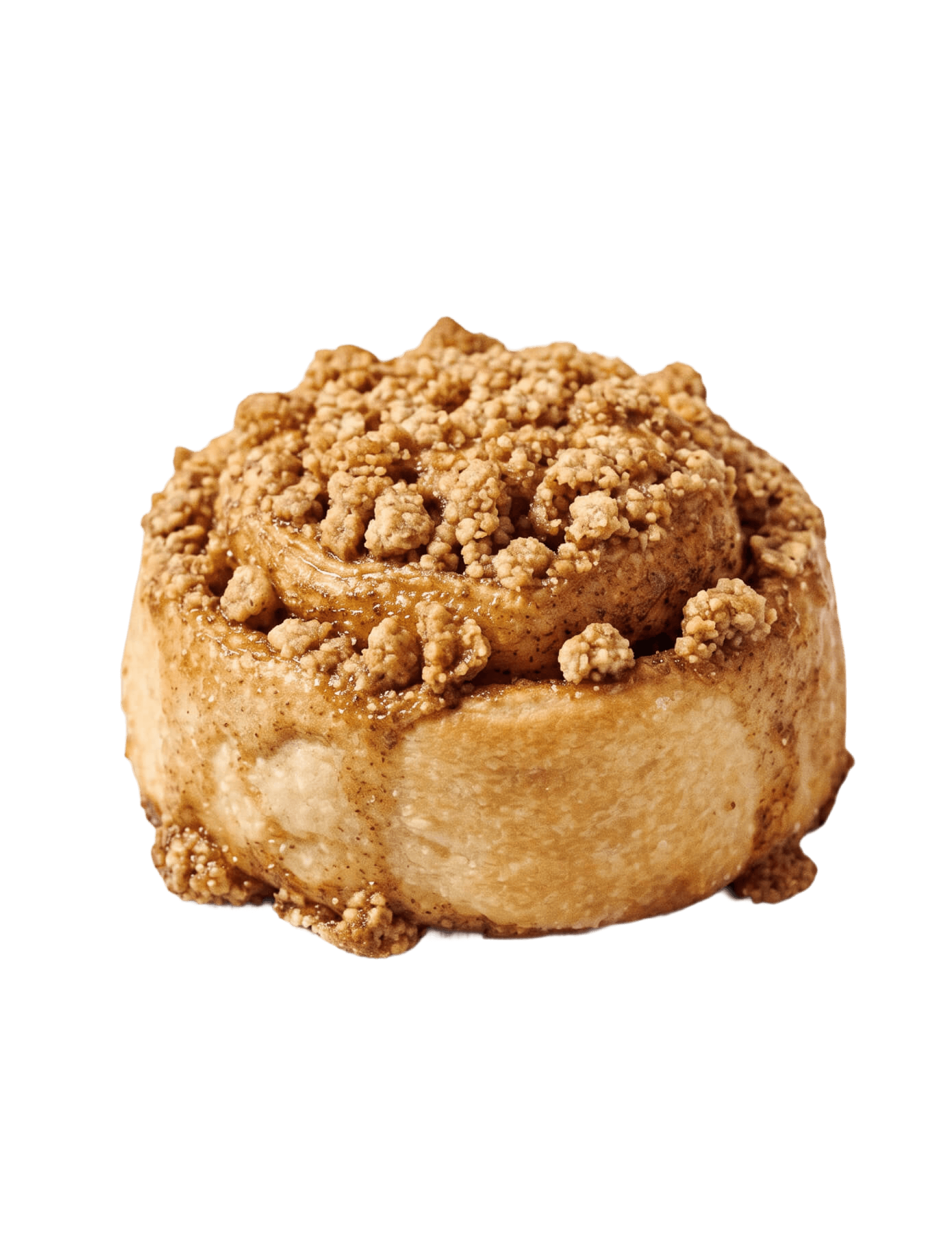 Cinnavibes A cinnamon roll topped with a crumbly streusel topping, shown on a plain white background, captures the irresistible charm of Cinnavibes—a signature treat from Cinnamon Desserts Café. Cinnamon Rolls
