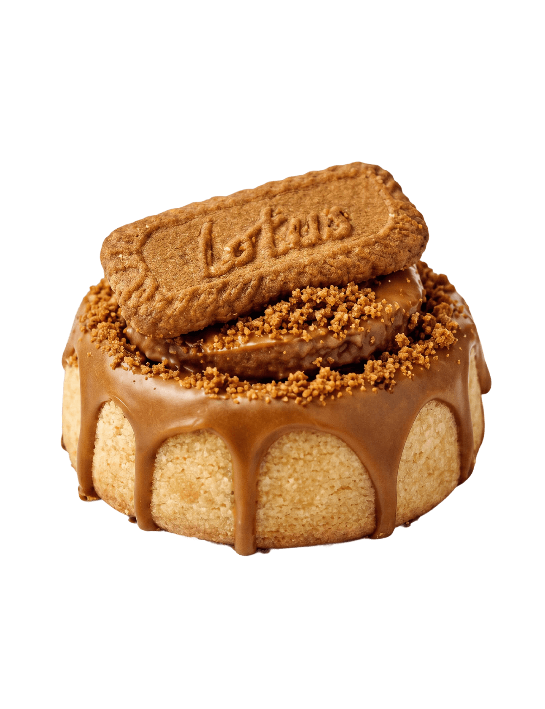 Cinnavibes Round biscuit topped with caramel glaze, biscuit crumbs, and two rectangular Lotus Biscoff biscuits on a white background—perfect for those who love the sweet Cinnavibes of Cinnamon Desserts Café. Cinnamon Rolls