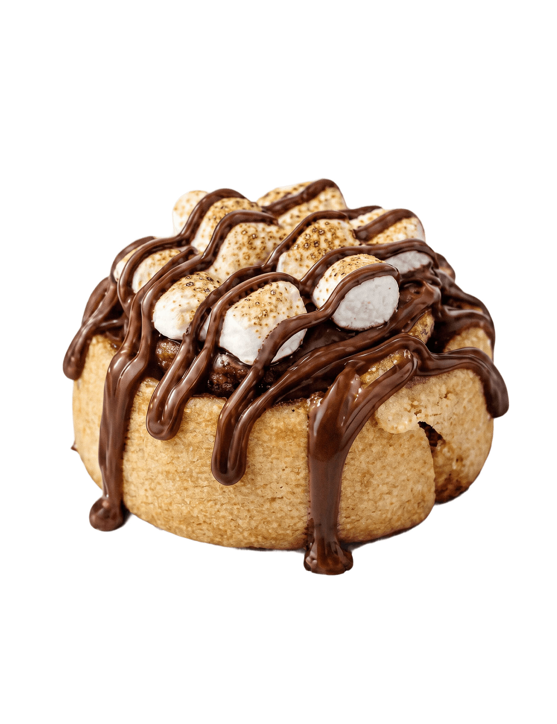 Cinnavibes A signature Cinnamon Deserts Café treat, this cinnamon roll is topped with toasted marshmallows and drizzled with chocolate sauce, capturing the irresistible Cinnavibes on a plain white background. Cinnamon Rolls